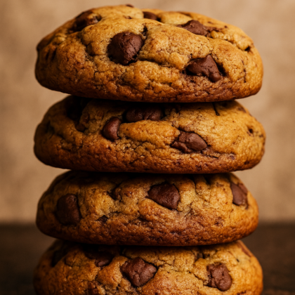 4 chocolate chip cookies stacked ovenpå hinanden